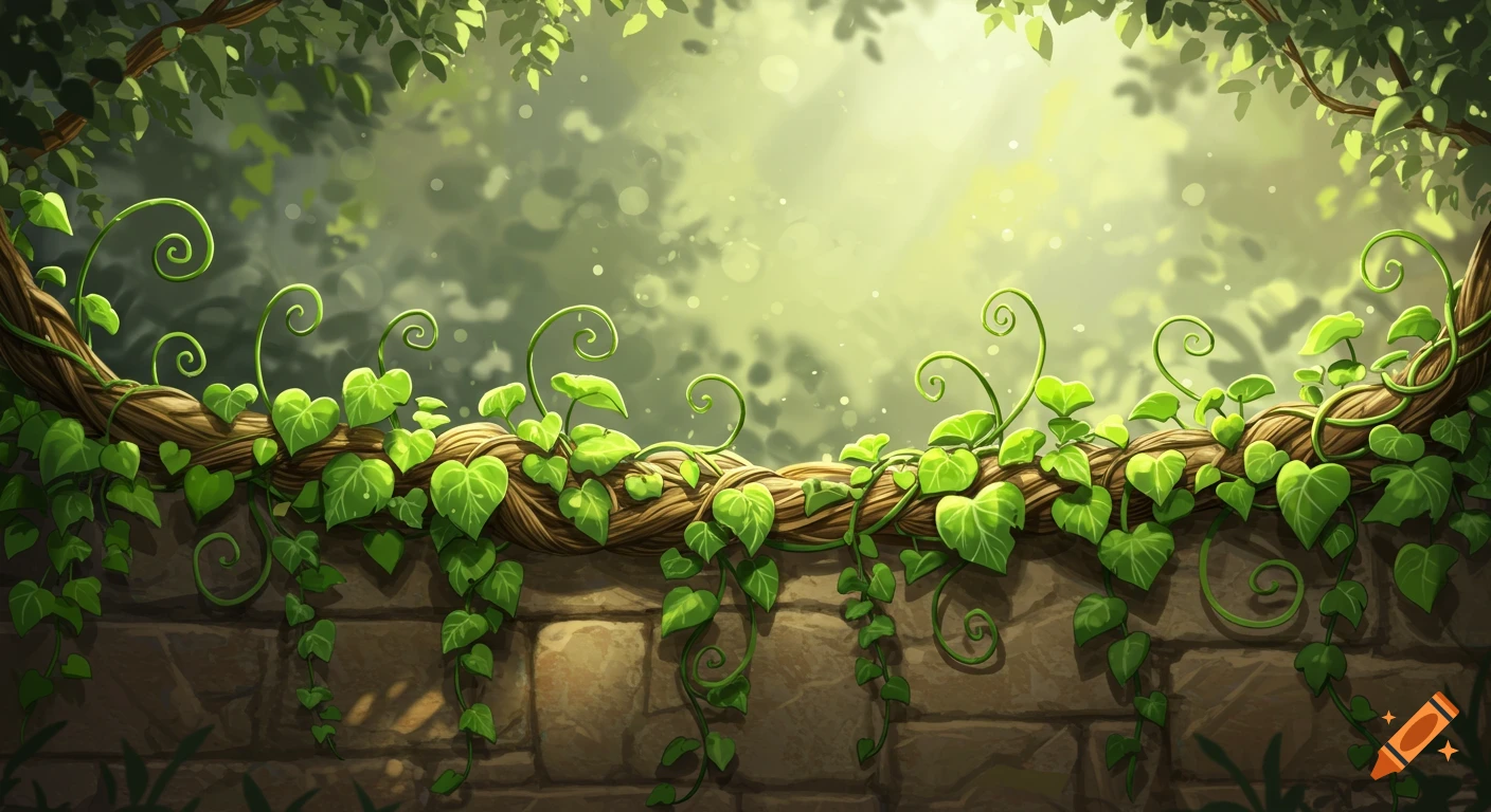 A vibrant illustration of green vines and leaves intertwining over a stone wall, with a bright, sunny forest background.