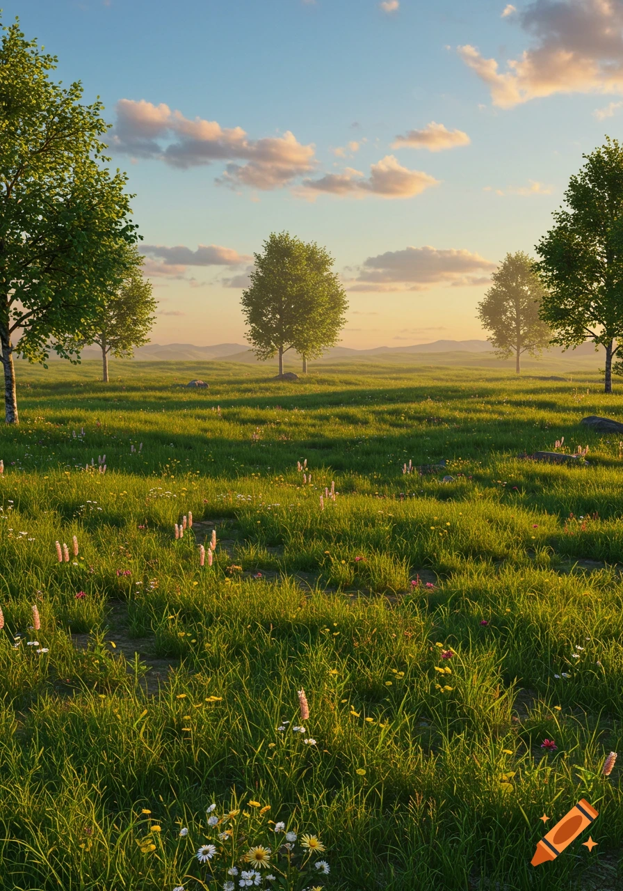 A vibrant green meadow with scattered trees under a blue and orange sunset sky, rendered in a detailed fantasy art style.