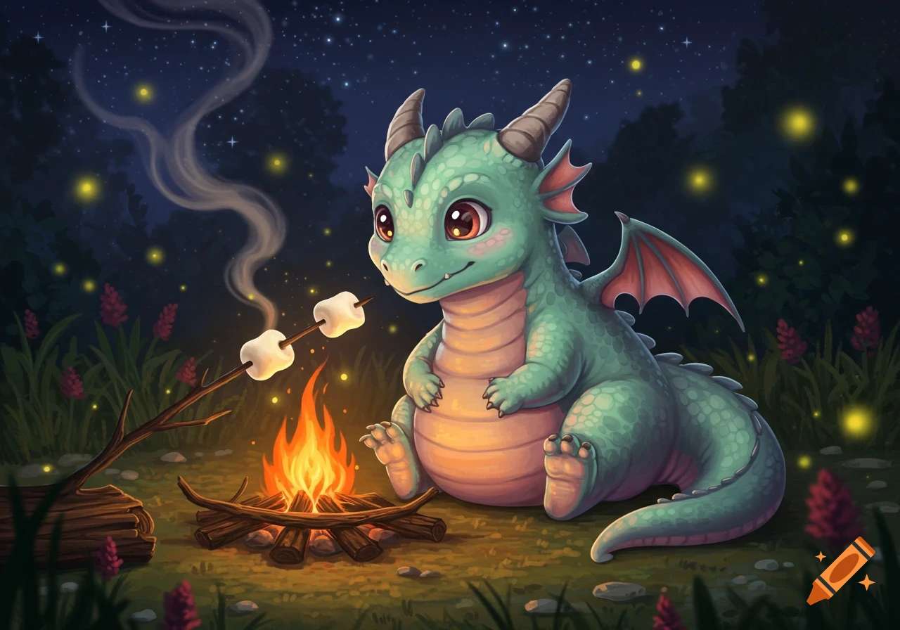 A cute green cartoon dragon sits by a campfire, roasting two marshmallows on a stick under a starry night.