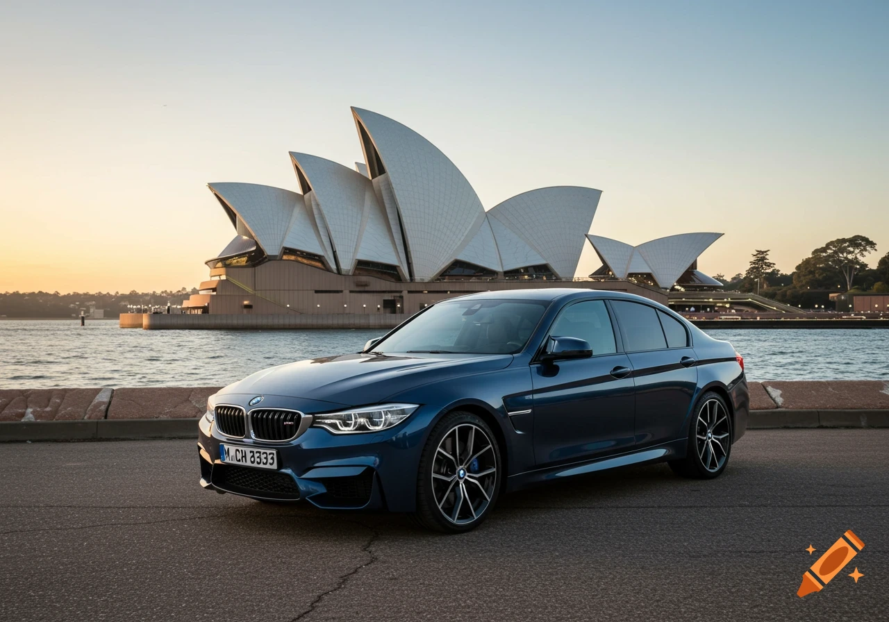 A blue BMW sedan parked on asphalt in front of the Sydney Opera House and water at sunset, photorealistic.