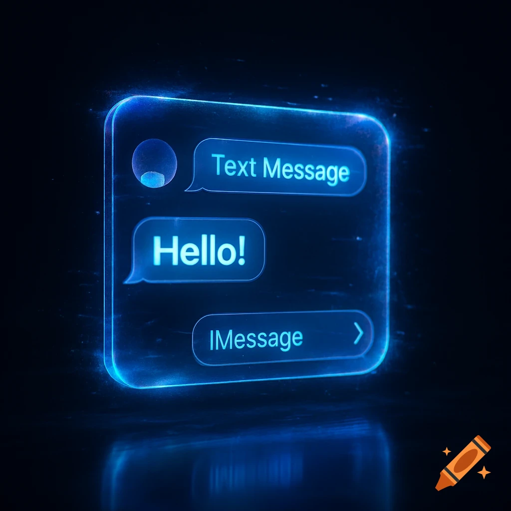 A glowing blue digital text message interface showing 'Text Message', 'Hello!', and 'IMessage' against a dark background.