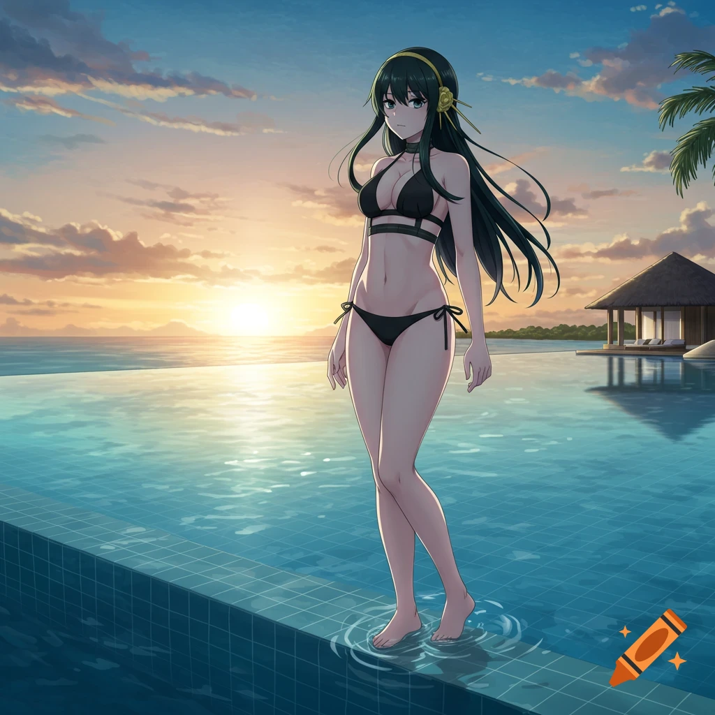 Anime woman in a black bikini stands at the edge of an infinity pool at sunset, with the ocean and a hut in the background.