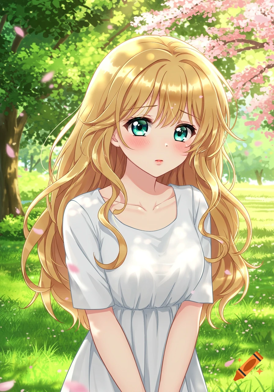 Anime portrait of a shy blonde girl with teal eyes, blushing in a white dress amidst a sunny park with cherry blossoms.