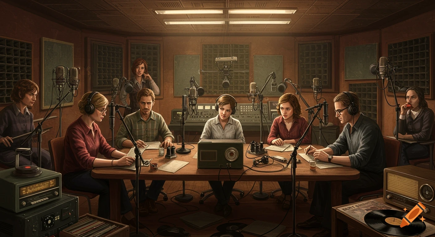 A group of people in a vintage radio studio recording a radio play with microphones and audio equipment.