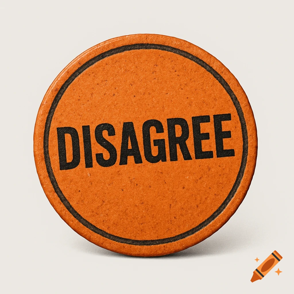A close-up of a round, orange rubber stamp with the word 'DISAGREE' in black capital letters.