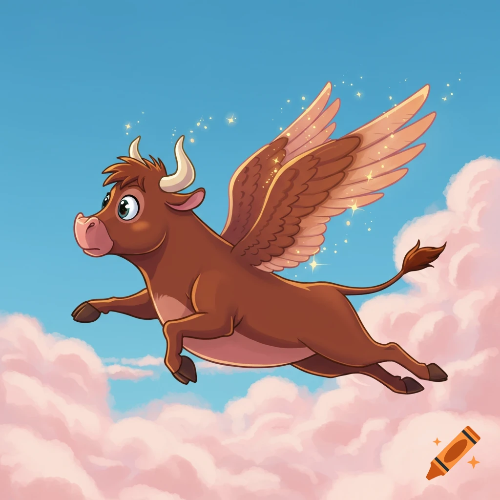 A brown cartoon bull with large feathered wings flies across a blue sky with fluffy pink clouds, leaving a trail of sparkles.