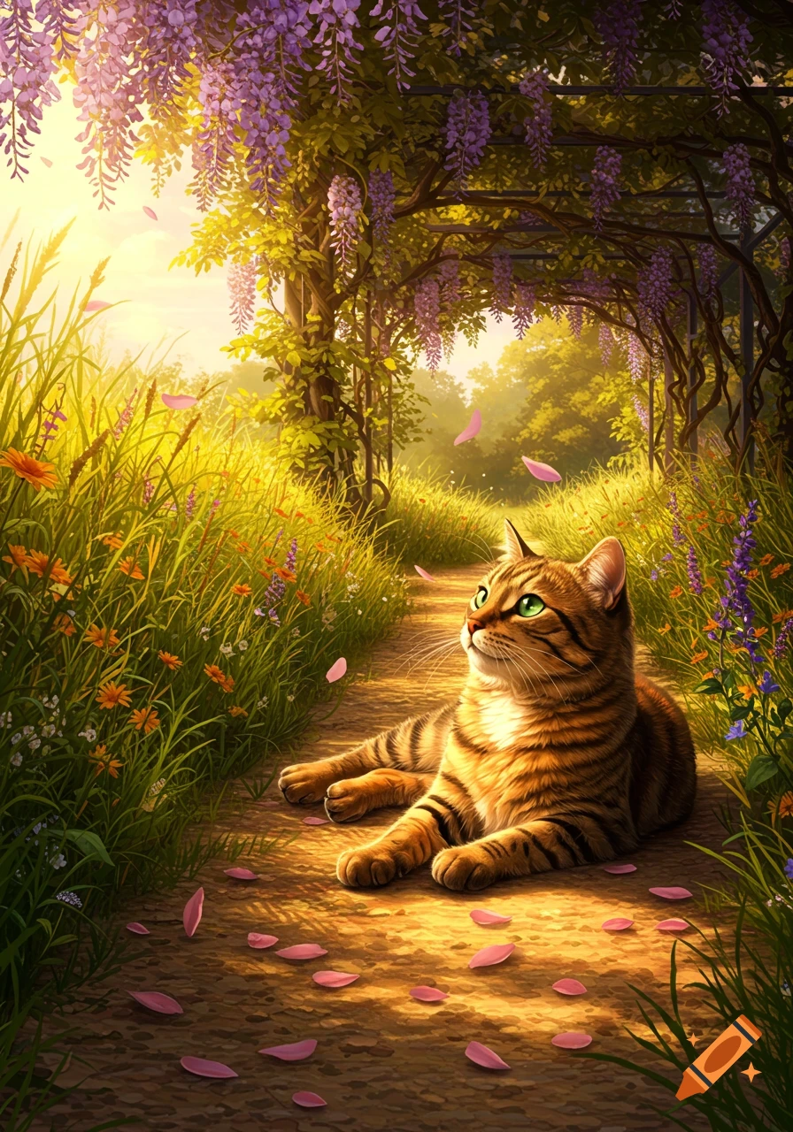 A striped tabby cat with green eyes lies on a sun-dappled path under wisteria vines in a vibrant, lush garden, with pink petals scattered.