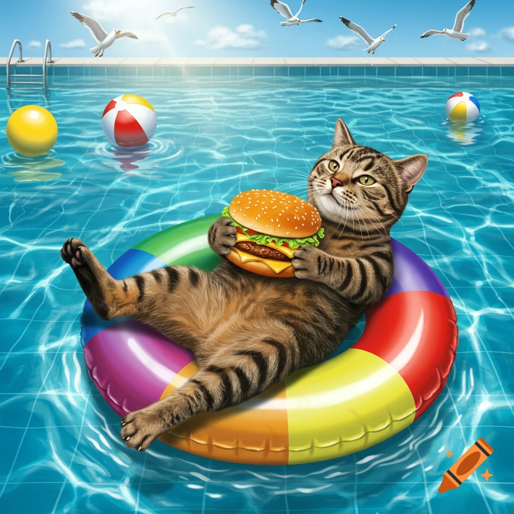 An illustrated tabby cat floats on a rainbow inner tube in a swimming pool, holding a large burger. Beach balls and gulls are in the background.