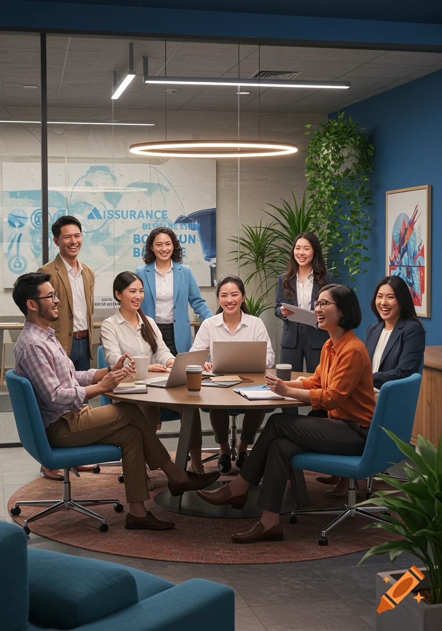 A diverse team of smiling professionals gathers around a table in a modern office, working on laptops.