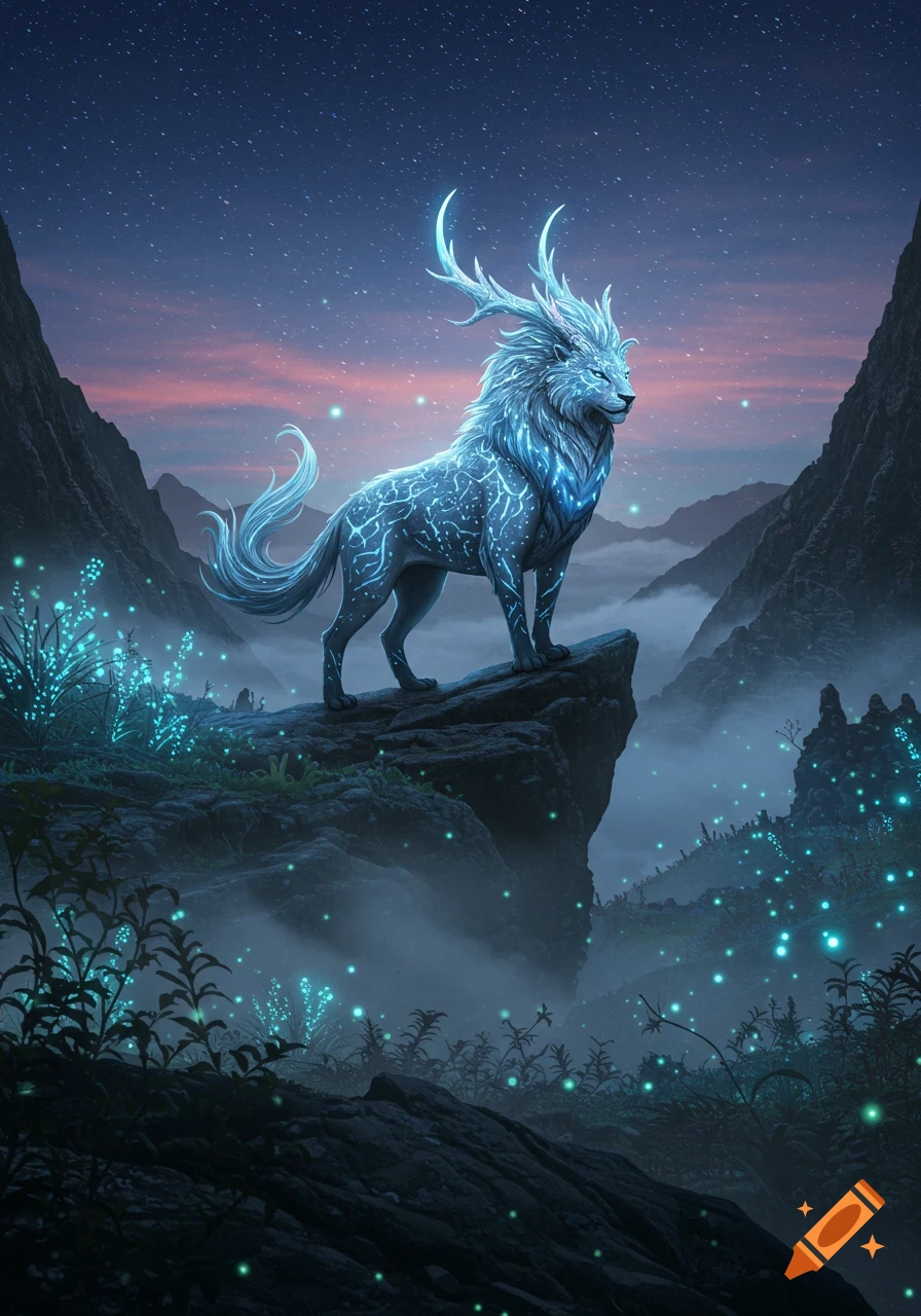 A glowing, ethereal lion-like creature with antlers stands majestically on a rocky peak in a mystical, starlit mountain landscape with glowing flora.