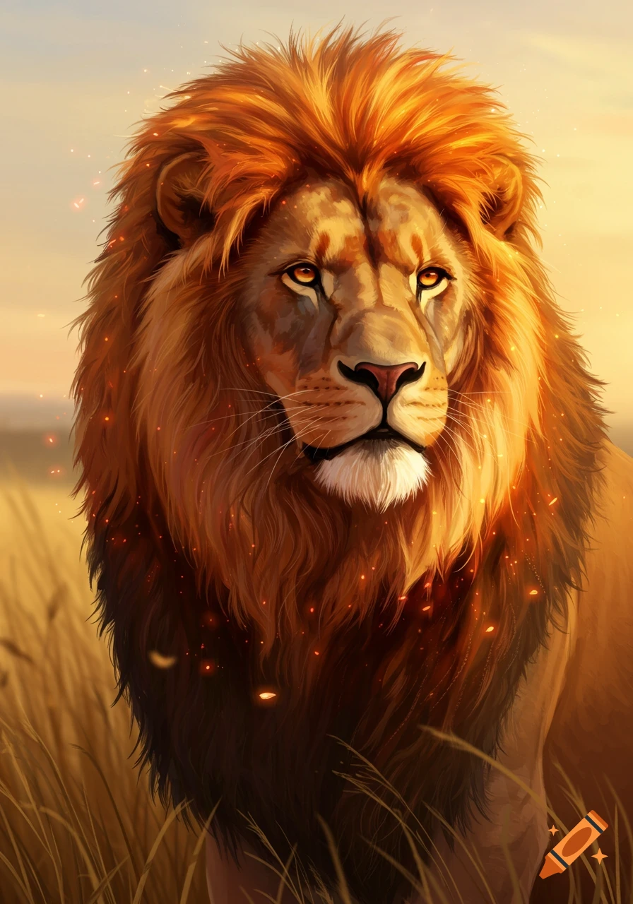 A majestic lion with a fiery orange mane stands in golden savanna grasses under a bright sky.