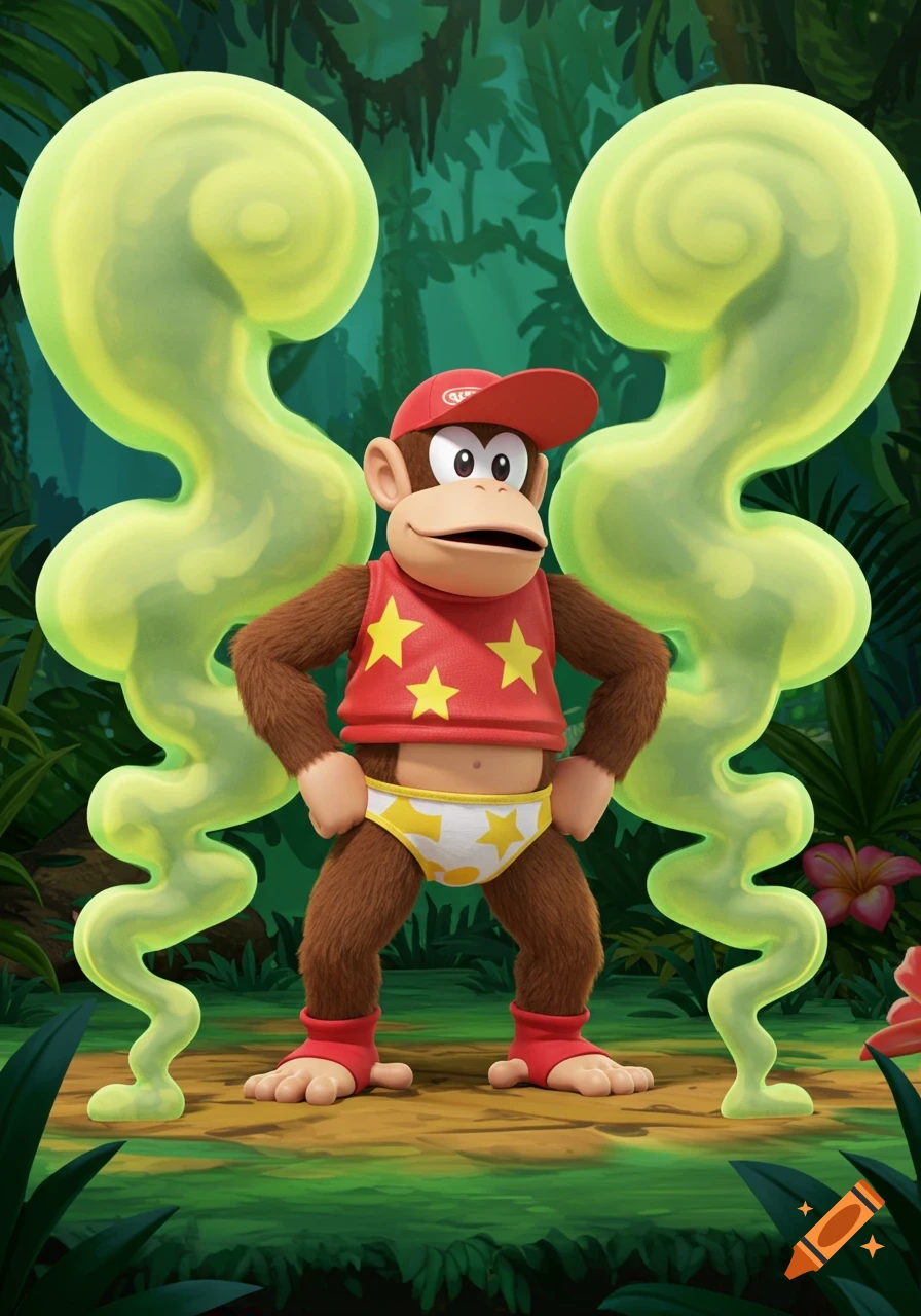 Diddy Kong, a cartoon monkey, stands in a jungle with hands on hips, wearing a red hat, star-patterned shirt, yellow and white briefs, with yellow-green fumes behind him.