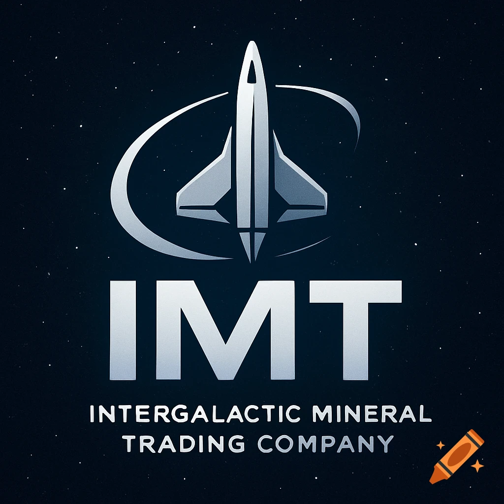 A sleek, silver rocket logo with a curved orbit above the letters "IMT", against a starry dark blue background. Below, "INTERGALACTIC MINERAL TRADING COMPANY".