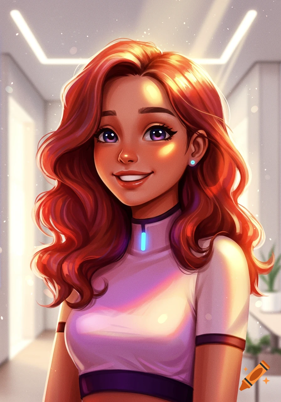 Digital illustration of a smiling woman with long red wavy hair and big purple eyes, wearing a white shirt with a glowing blue detail.