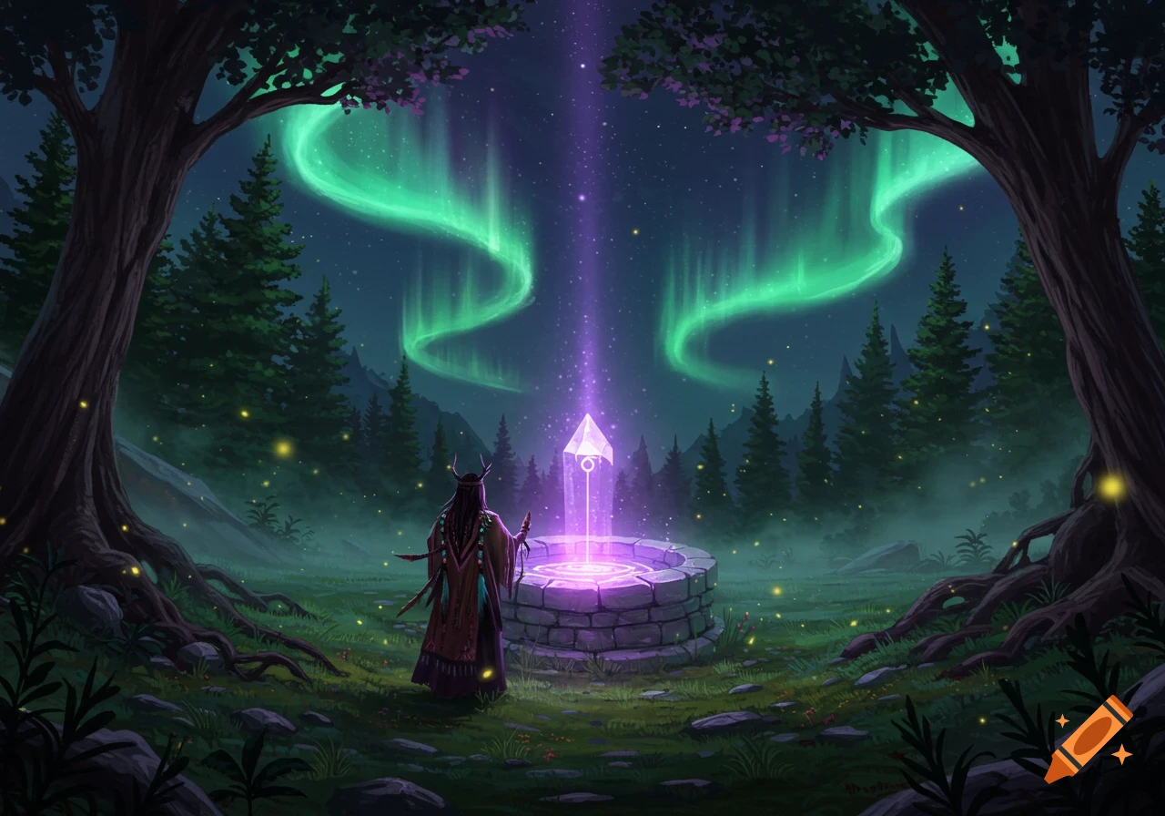 A robed figure stands before a glowing crystal well in a mystical forest under a night sky with green aurora borealis.