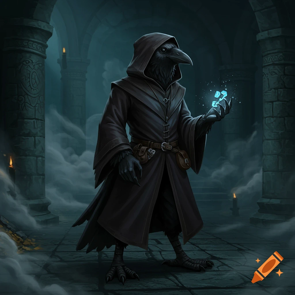 A Kenku raven rogue in a dark hooded robe holding glowing blue symbols in a misty dungeon, fantasy art.