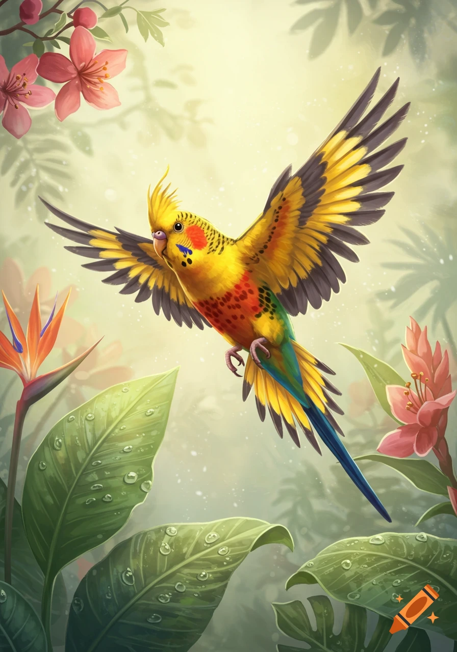 A vibrant yellow, red, and green crested parakeet flies through lush tropical foliage with colorful flowers in a detailed illustration.