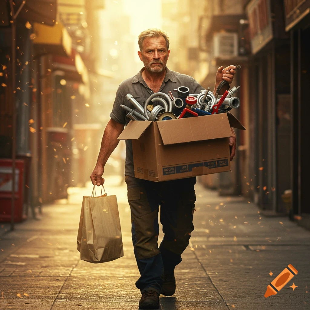 A rugged man walks down a sunlit urban alley, carrying a large cardboard box filled with plumbing tools and a paper shopping bag.