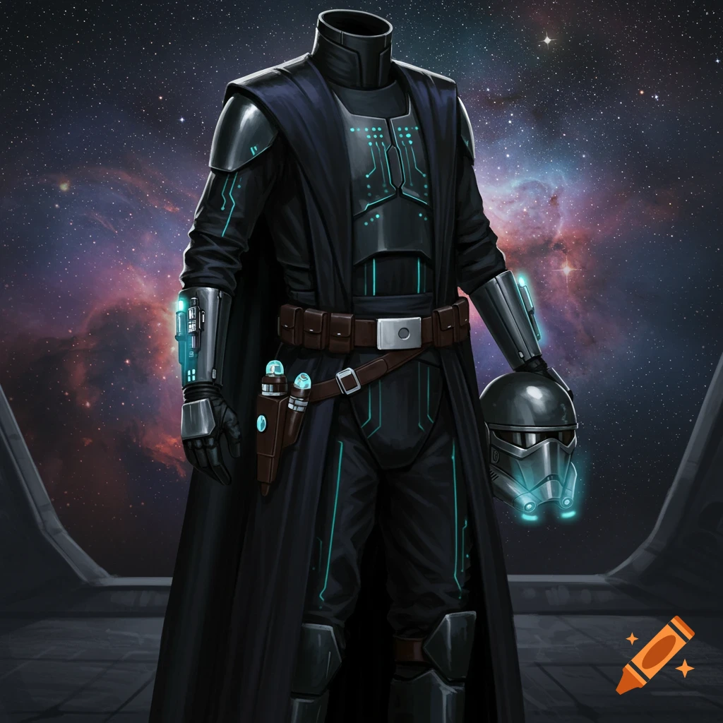 A headless futuristic dark armored outfit with a cloak and teal glowing circuitry, holding a matching helmet, against a starry nebula background.
