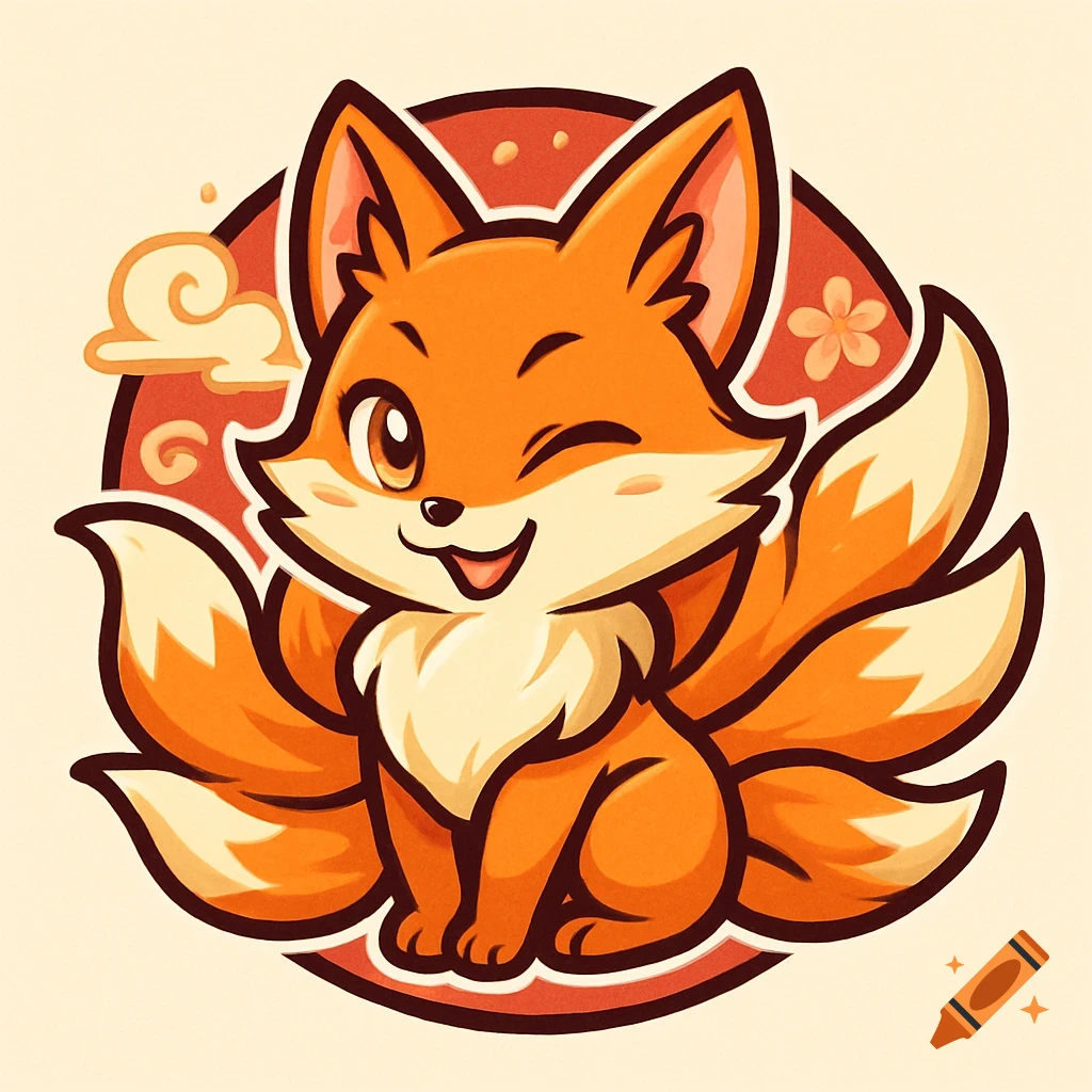 A cute, orange and cream animestyle kitsune with multiple tails winks and smiles, depicted as a logo on a red circular background.