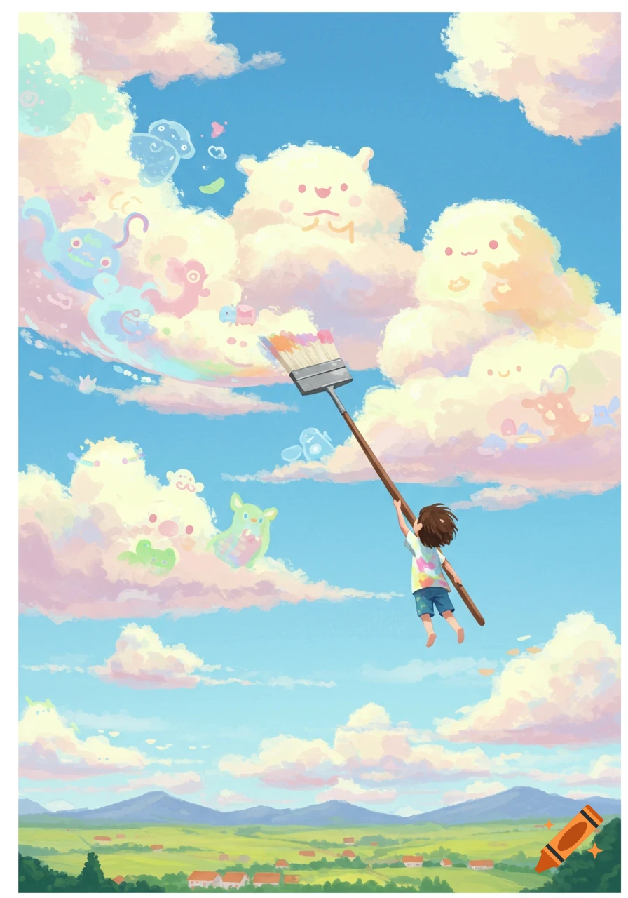 A child floats in the sky, painting whimsical, colorful cloud creatures with a giant brush, above a green landscape, in a dreamlike illustration.