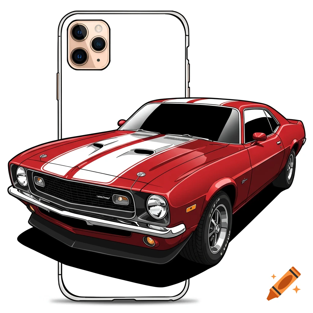 A red old muscle car with white racing stripes on the hood, depicted in a realistic cartoon style, angled as if popping out of a phone case frame, with a transparent background.