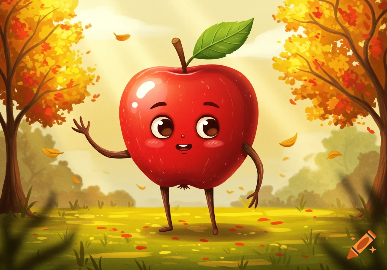 A cheerful red cartoon apple character with big eyes and a smile, waving in an autumn field with yellow and orange trees and falling leaves.
