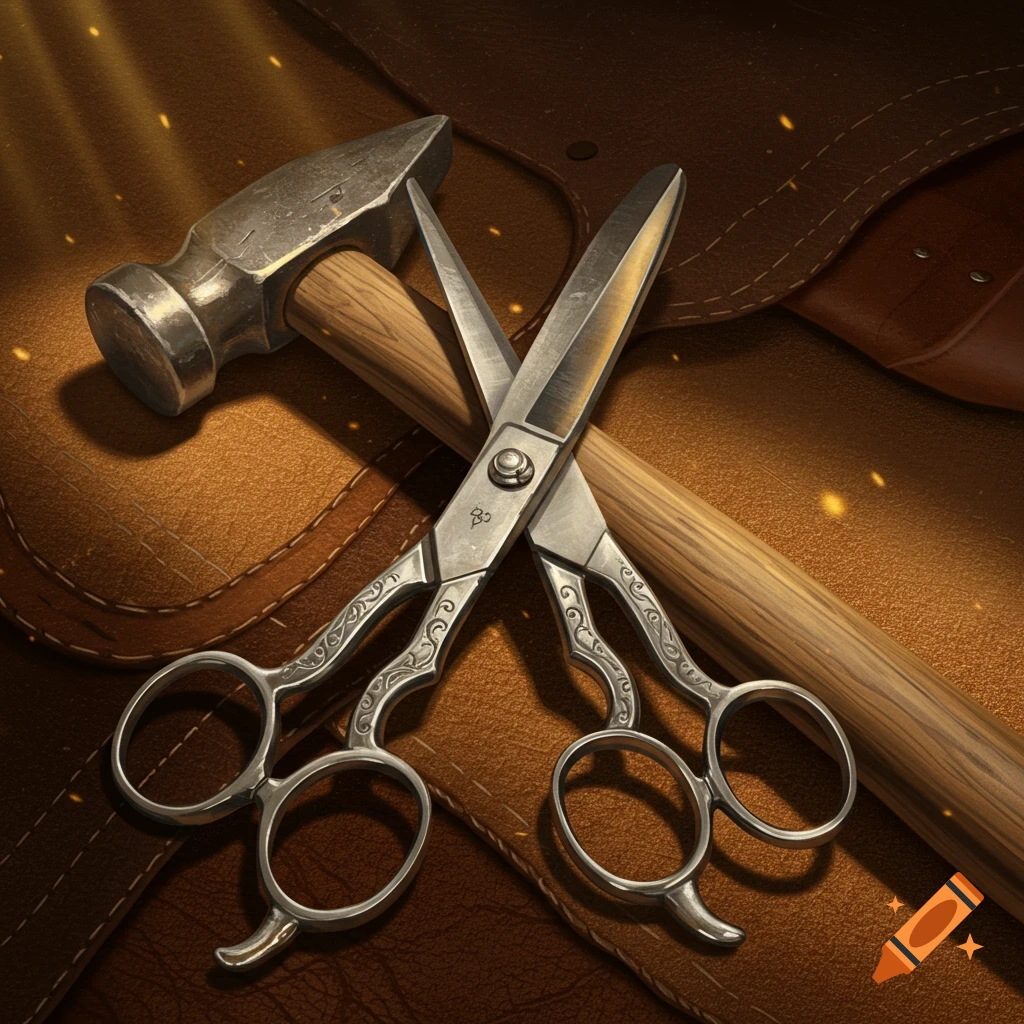 A silversmith's hammer and ornate scissors are crossed on a textured brown leather surface, with warm light illuminating them.