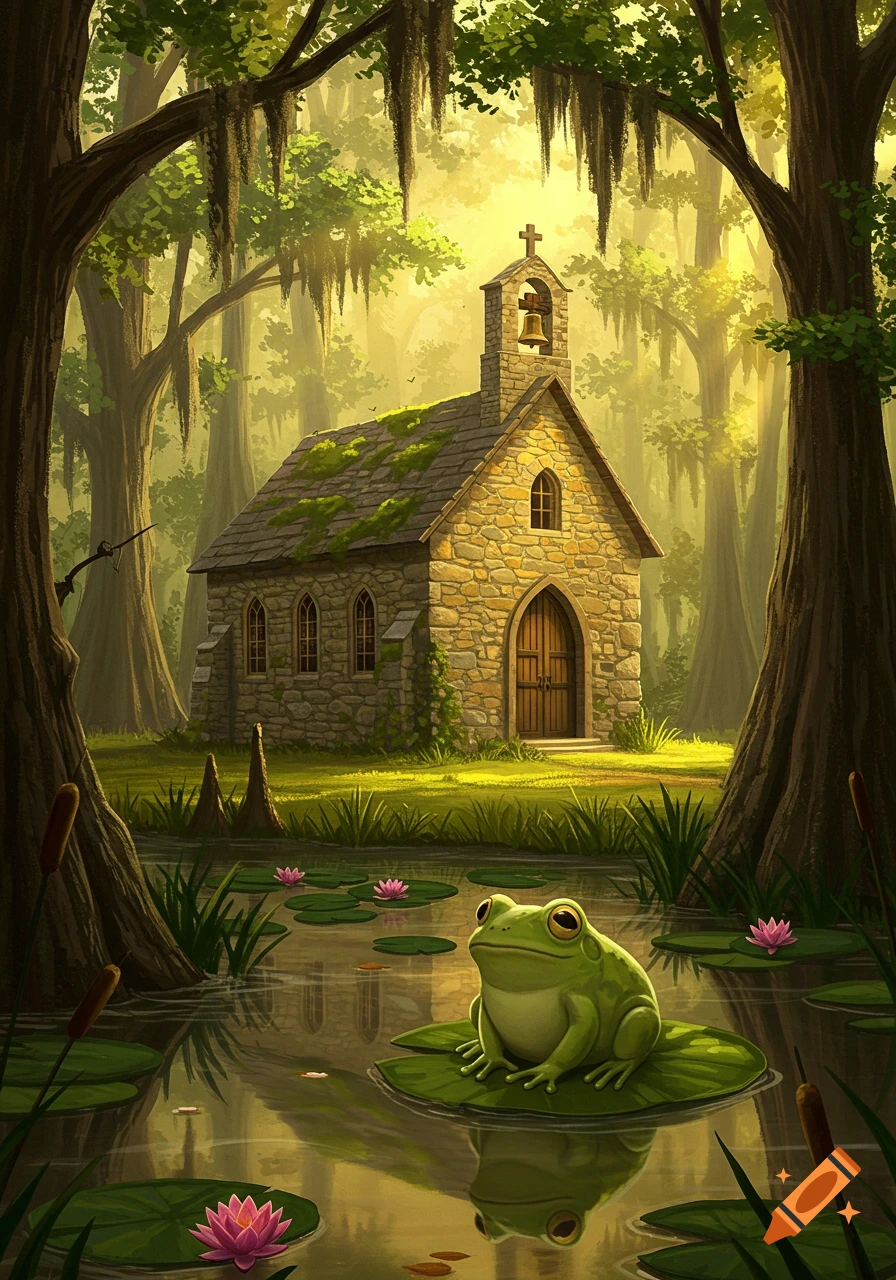 A cute green frog sits on a lily pad in a swamp with a stone church in the background, brightly lit by sunlight.