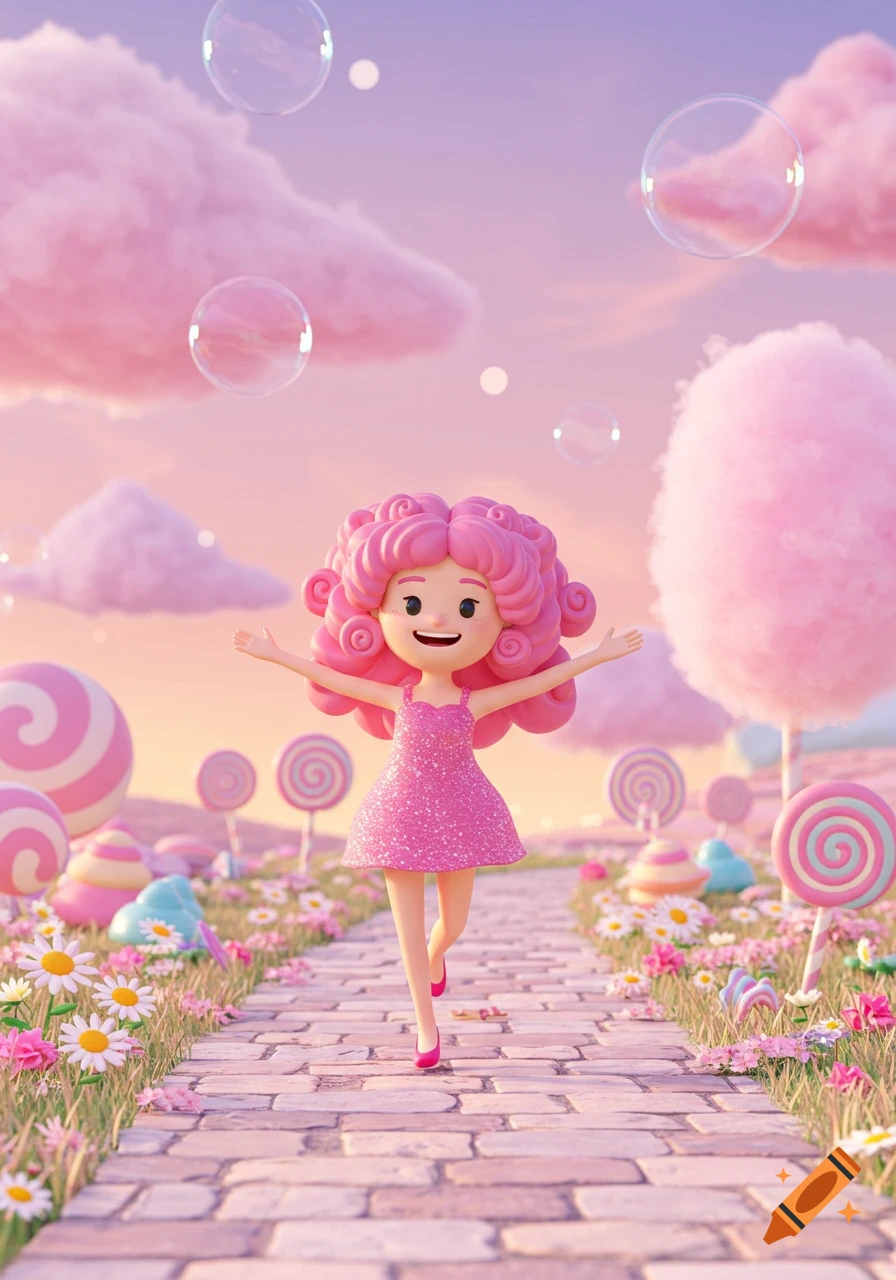 A 3D cartoon girl with pink curly hair and a glittery pink dress runs on a cobblestone path through a vibrant candy land.