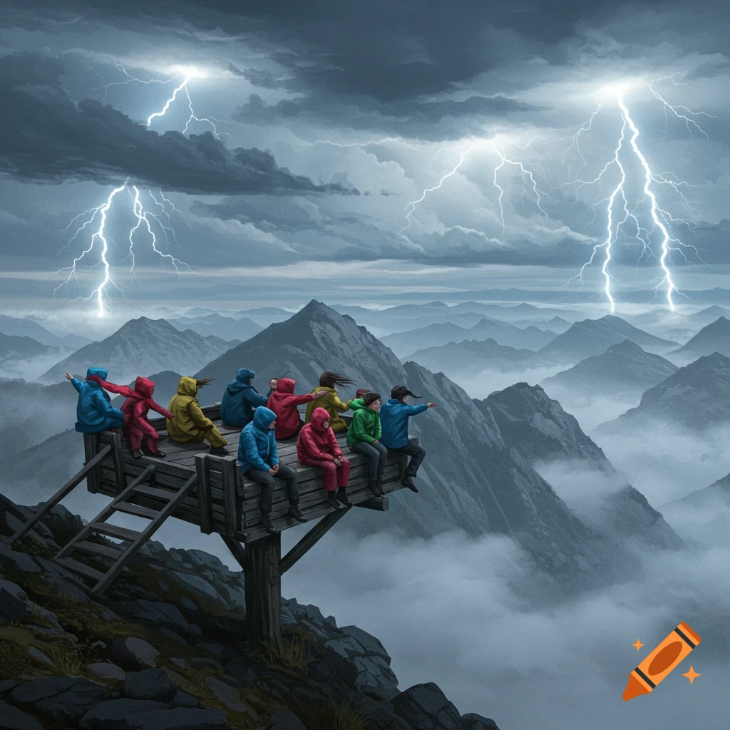 Twelve people in colorful raincoats sit on a wooden platform on a mountain, watching a dramatic lightning storm over misty peaks.