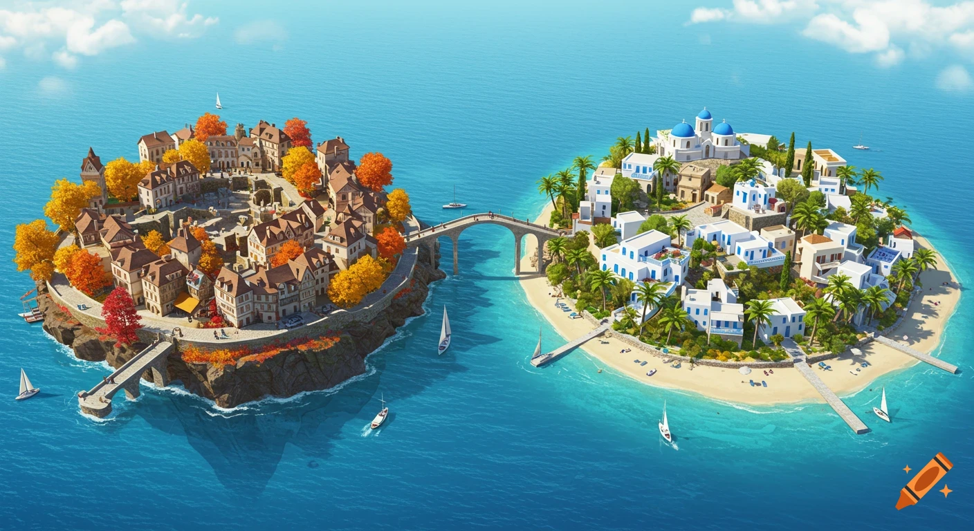 A fantastical bird's-eye view of two islands connected by a bridge; one shows an autumn town, the other a summer Greek-style village with beaches.