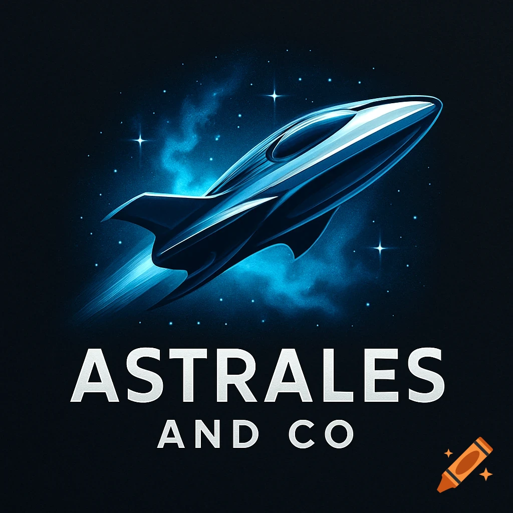Sleek blue and silver rocket in dark starry space, with 'ASTRALES AND CO' text below, in a logo style.