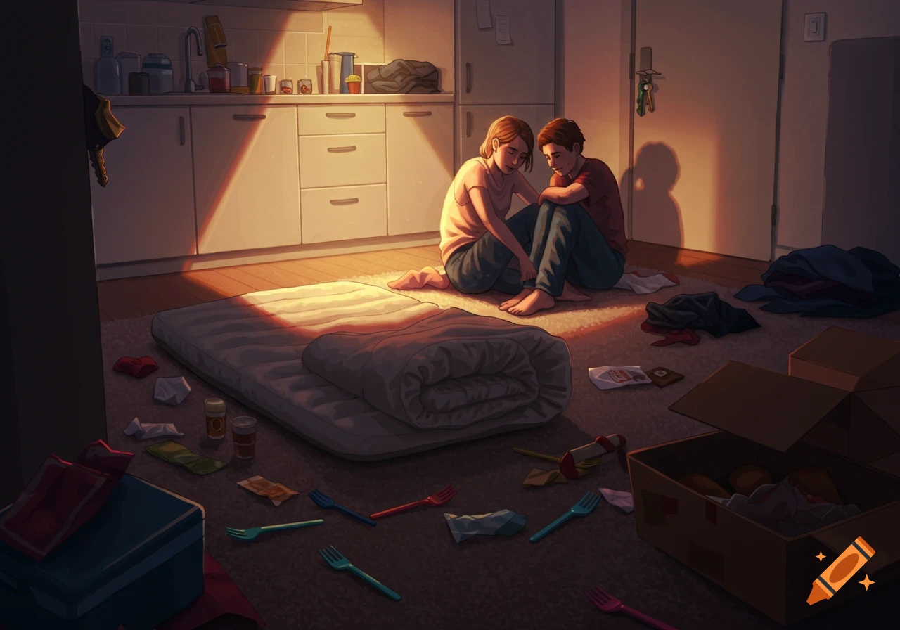 An illustration of a man and a woman sitting on the floor of a sparsely furnished, messy apartment at sunset.