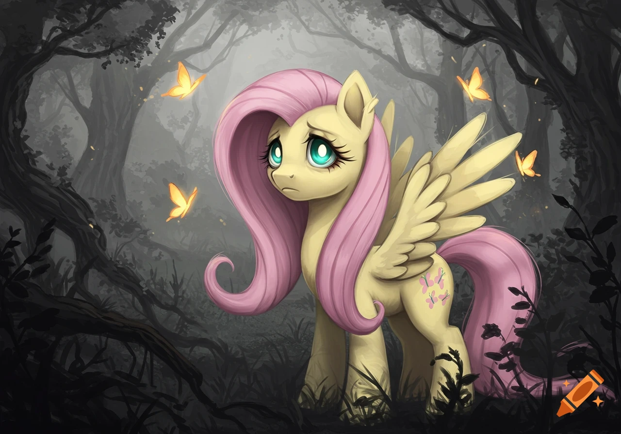 A sad Fluttershy, a yellow pegasus pony, stands in a dark, misty forest with glowing yellow butterflies. Illustrated.