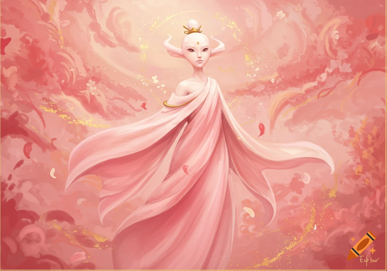 A stylized, pale figure with small horns and large ears, draped in flowing pink robes, surrounded by pink clouds and golden glitter in a digital painting.