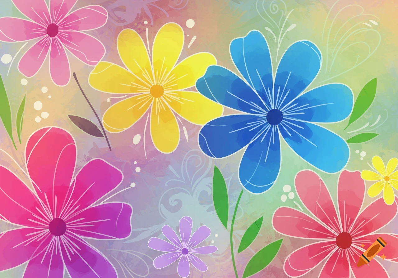 Brightly colored, outlined abstract flowers in pink, yellow, blue, and purple on a soft watercolor background.
