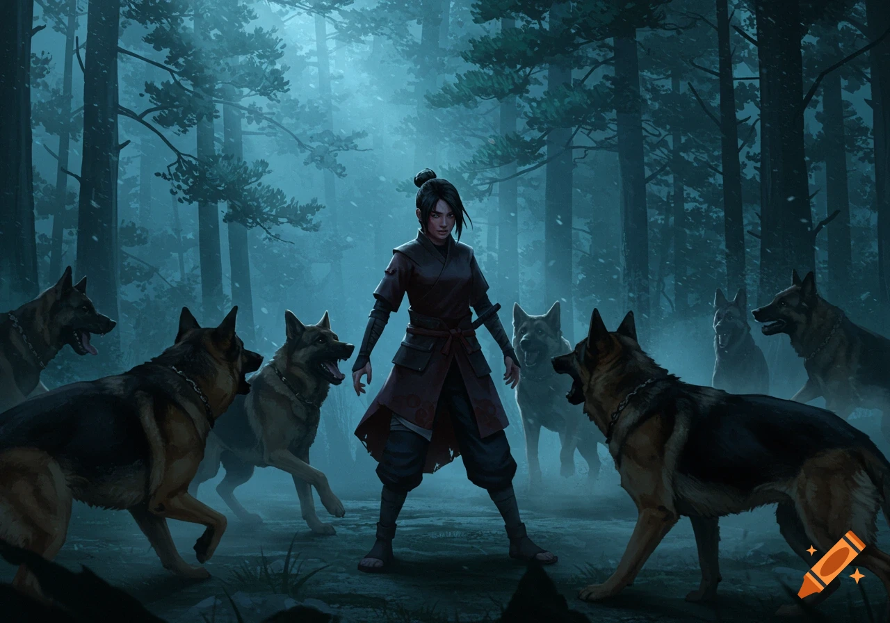 A shinobi woman stands poised against a pack of aggressive German shepherds in a moonlit, snowy forest, digital art.
