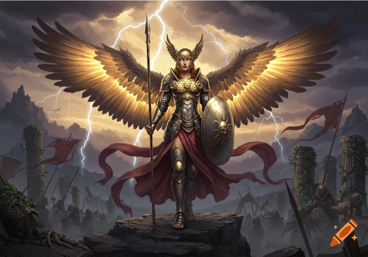 A powerful winged warrior in golden armor stands on a rock, holding a spear and shield, with lightning striking a battlefield behind her.