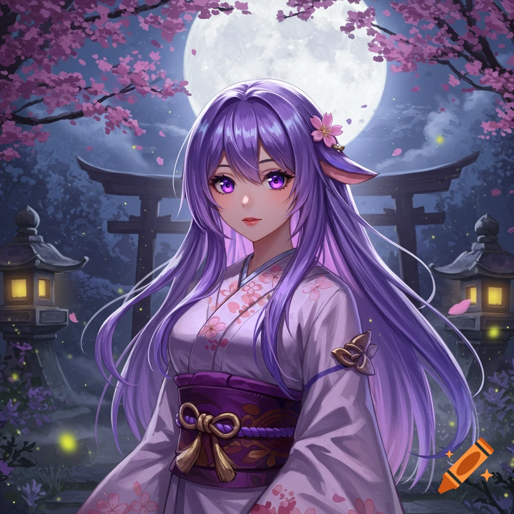 An anime girl with long purple hair and glowing purple eyes wears a kimono, under a full moon with cherry blossoms and a torii gate.