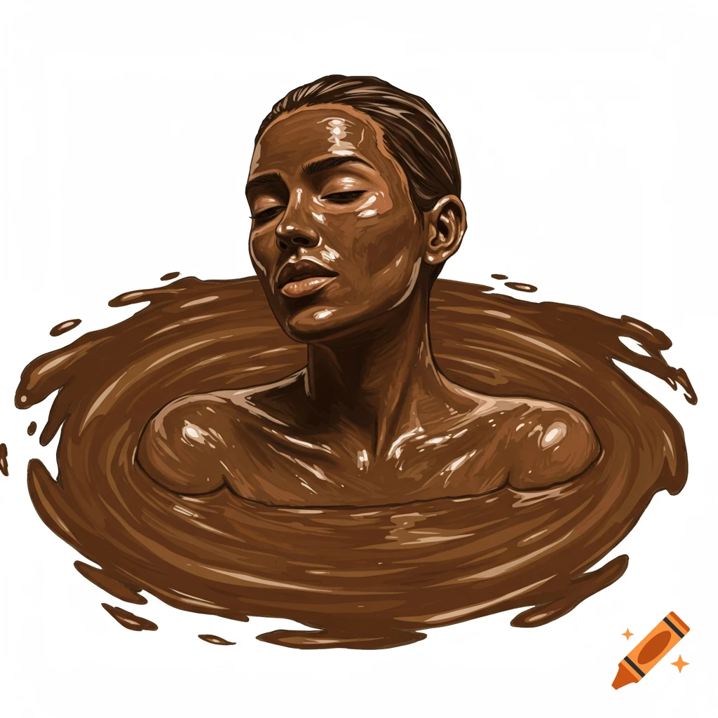 Illustration of a person submerged in glossy brown mud or chocolate, eyes closed in relaxation, on a white background.