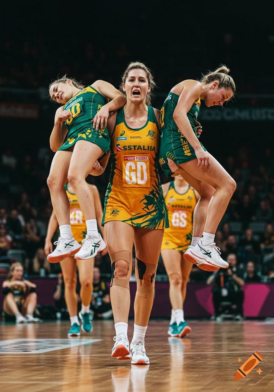 A female netball player in a yellow and green Australian uniform carries two teammates over her shoulders on a court, photorealistic style.