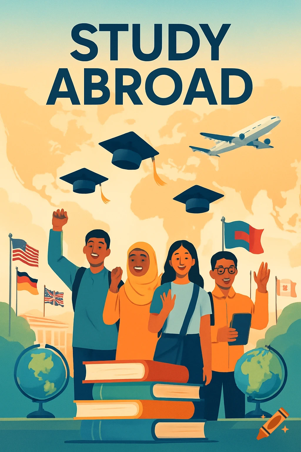 An inspirational poster for studying abroad, featuring a diverse group of four students with books, graduation caps, globes, an airplane, and international flags.