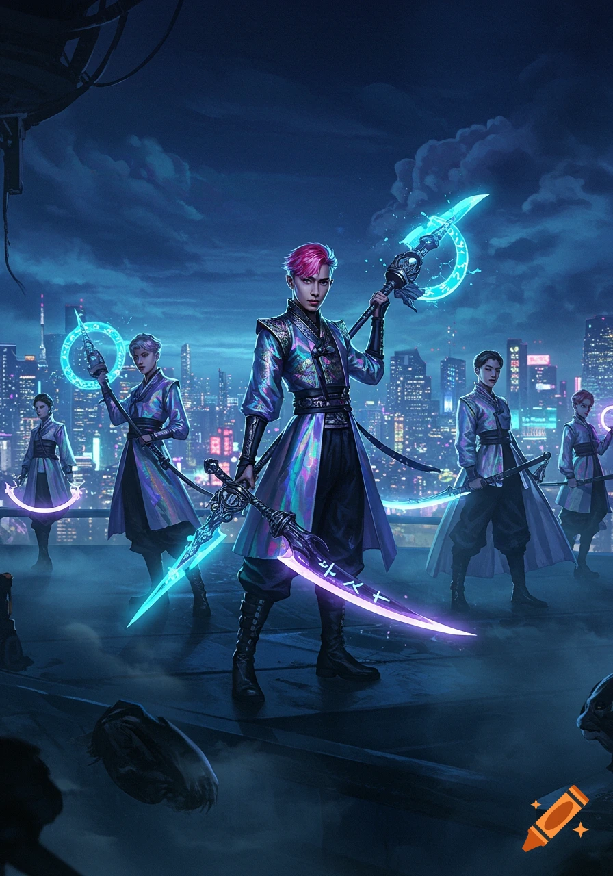A group of K-pop style demon hunters with glowing cyan and purple weapons stand on a rooftop overlooking a neon-lit futuristic city at night.