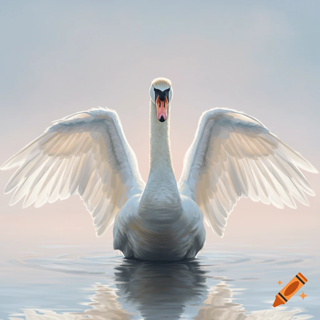 A majestic white swan with its wings spread wide, facing forward in calm water, against a soft, light background.