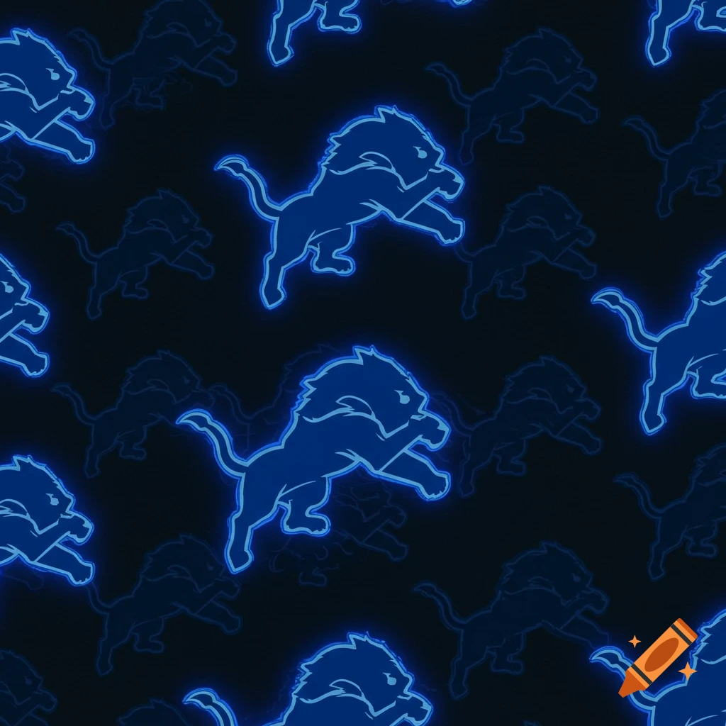 A seamless pattern of glowing royal blue Detroit Lions logos on a dark background.