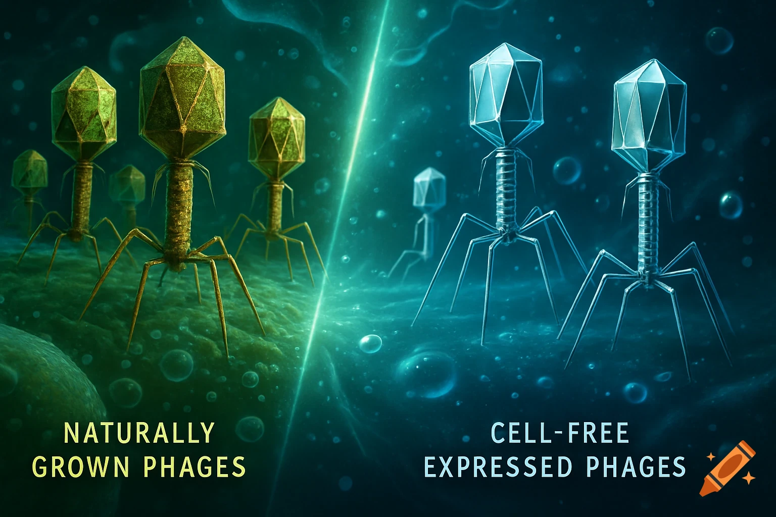 Microscopic view of bacteriophages, split screen. Left: green/gold 'NATURALLY GROWN PHAGES'. Right: blue/silver 'CELL-FREE EXPRESSED PHAGES'.
