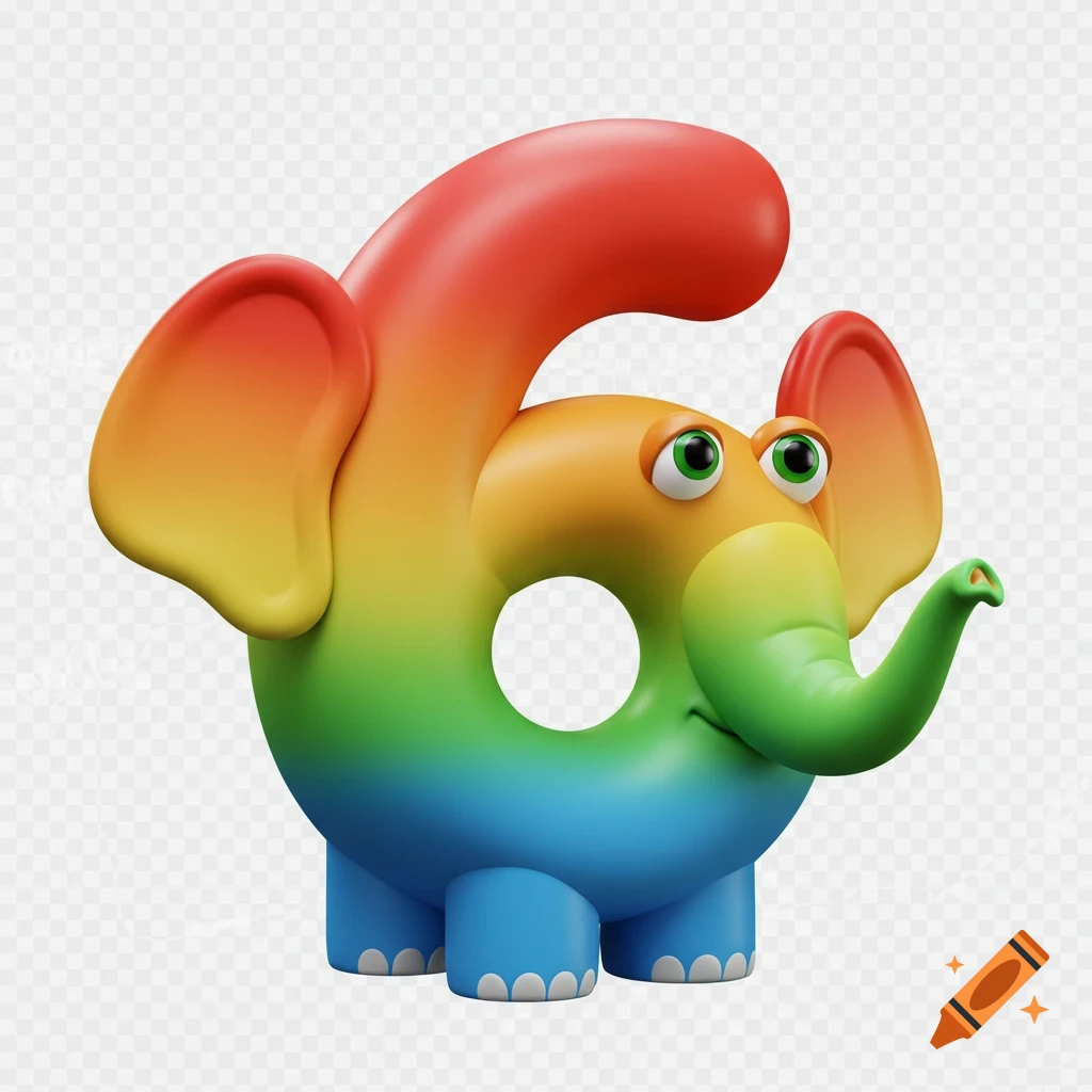 A friendly, plump 3D rainbow-colored number six shaped like a cartoon elephant with bright green eyes and a trunk, on a transparent background.