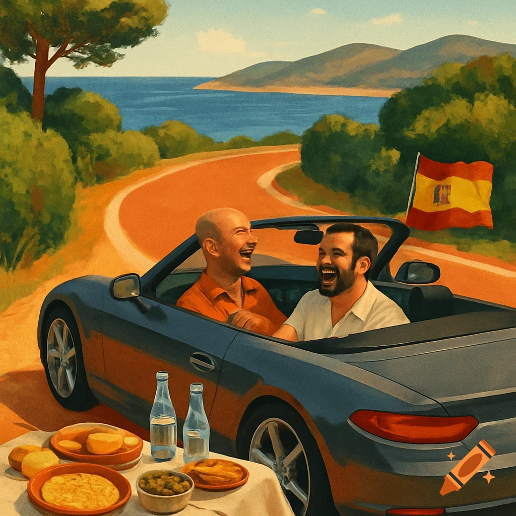 Two men laugh in a convertible on a scenic coastal road with a Spanish flag and tapas picnic, in a retro poster style.