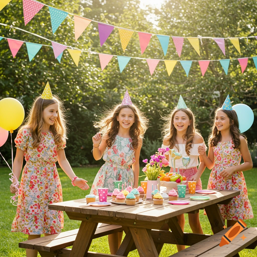 A sunny outdoor birthday party with four smiling young girls around a picnic table with cupcakes and decorations.